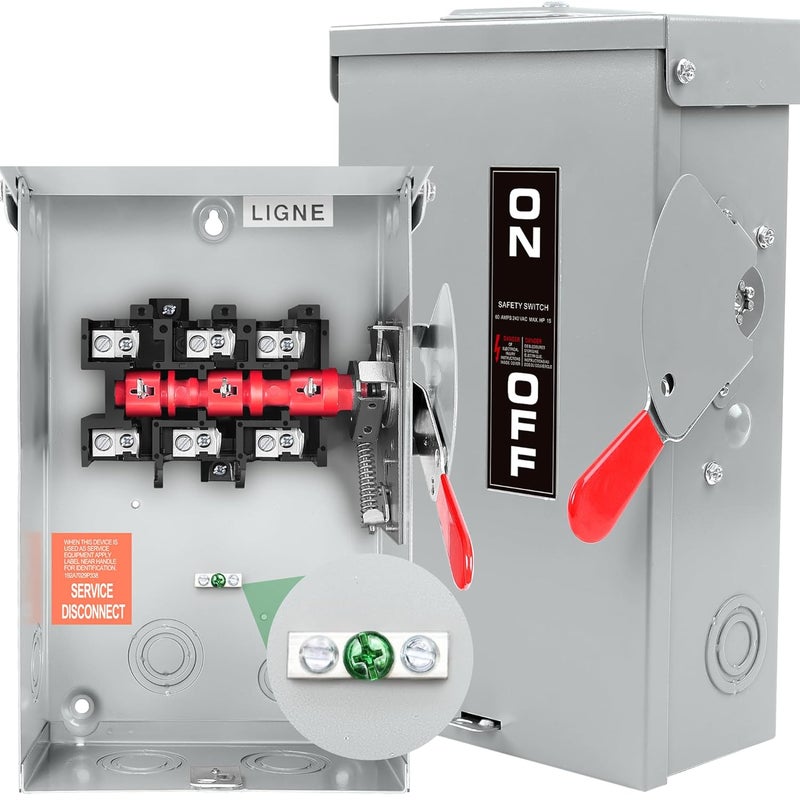 FixOasis 【Upgrade】 3P 60 Amp Disconnect,Disconnect Switch,Add Ground Design,Non-Fusible,NEMA 3R Standard,Heavy Duty Steel Material,Rust and Corrosion Resistant,120/240v,10-Year Warrnaty - Image 1